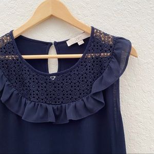 LOFT Navy Blue Ruffle, Lace Bib Tee Shirt Blouse